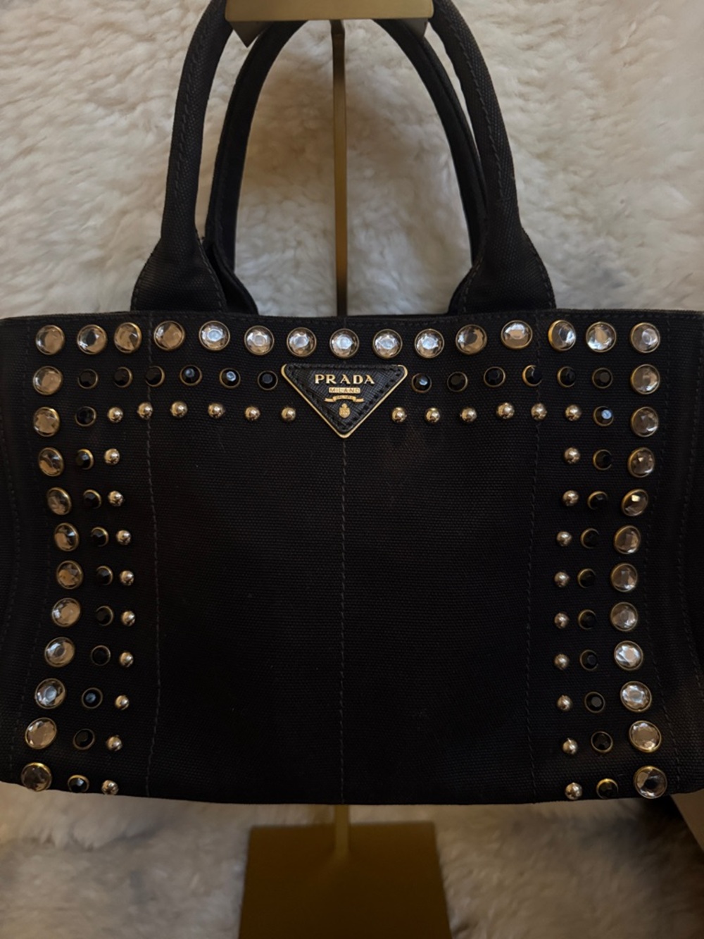Prada Black Canvas Canapa Tote with Gold-Tone Studs and Crystals Absolutely Yes